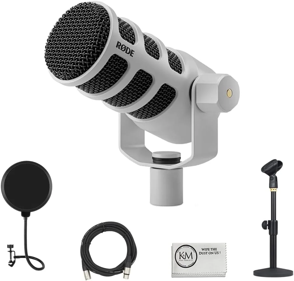 Rode PodMic USB and XLR Dynamic Podcasting Microphone | White Bundle with Pop Filter + Desktop Microphone Stand + XLR Cable + Cleaning Cloth (5 Item)