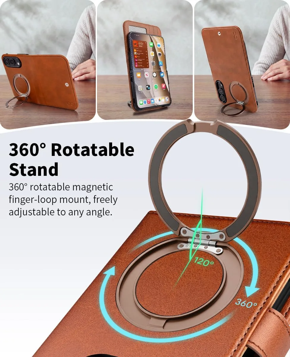 OCASE for iPhone Duo Wallet Case with Ring Stand, Card Holder, Brown