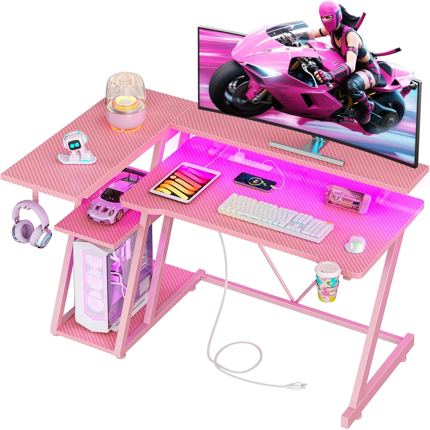 Korfile 40 Inch Gaming Desk with Power Outlet, LED, Carbon Fiber Pink