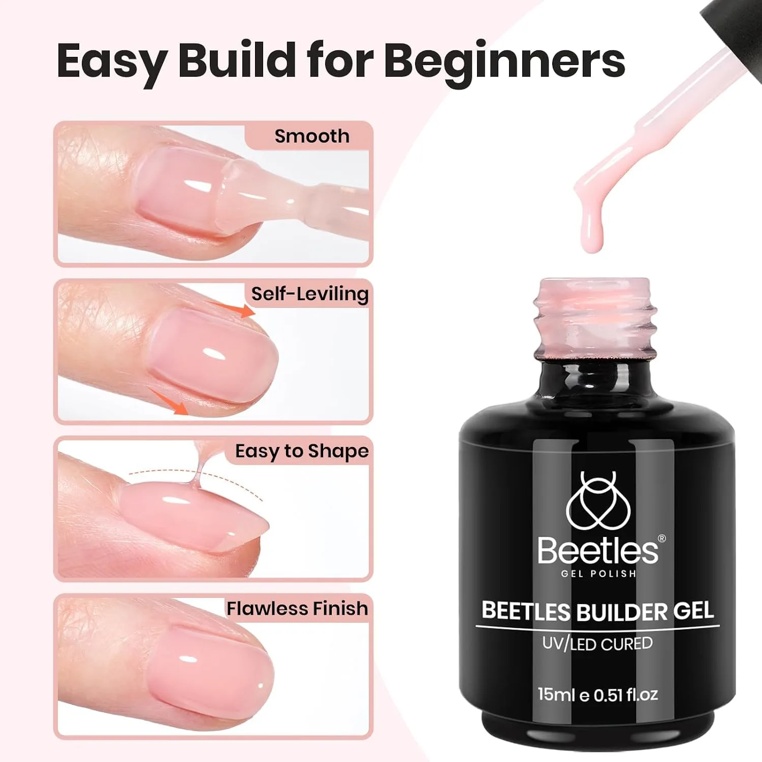 Beetles Builder Gel Nail Kit, Clear Pink with Base Top Coat and Nail Tips