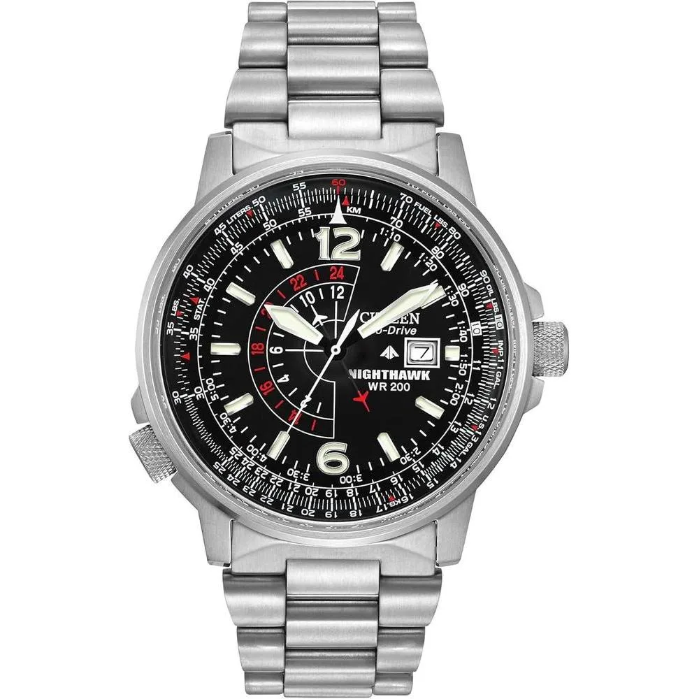 Citizen Men's Eco-Drive Promaster Air Nighthawk Pilot Stainless Steel Watch, Luminous, Black Dial, 42mm (Model: BJ7000-52E)