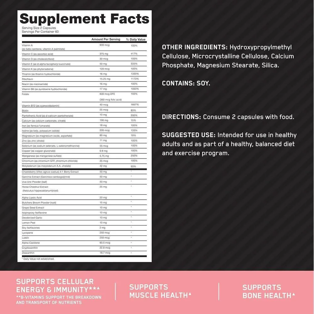 Multivitamínico para mujer, OPT1048/595/1501, 120 cápsulas, apoyo inmunitario y energético, 126.96 g