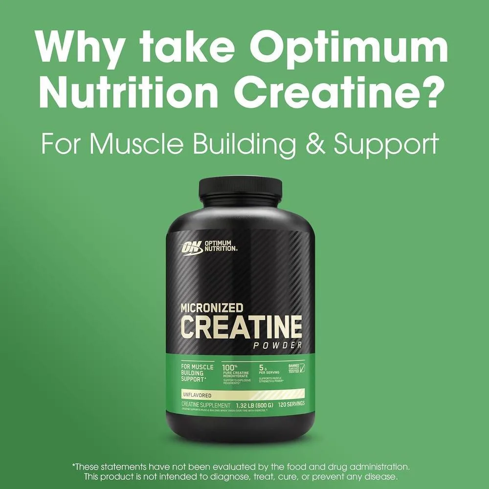Optimum Nutrition Creatina Micronizada Monohidrato en polvo, sin sabor, amistoso con Keto, 120 porciones