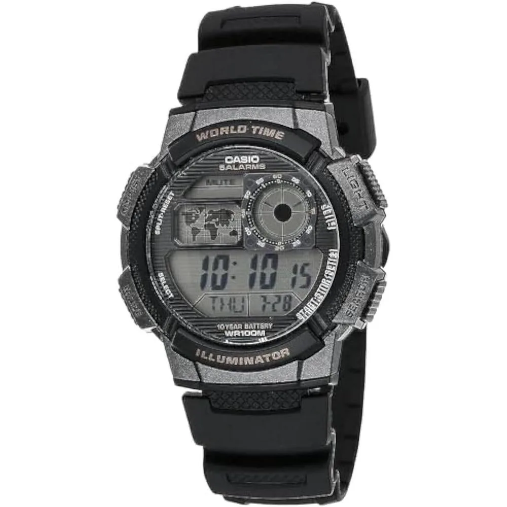 Casio AE1000W Series | Men’s Digital Watch | 100M WR | Multi Alarms | 100 SEC Stopwatch | Countdown Timer | World Map for World Time | LED Light | LC Analog Display | 10 Year Battery