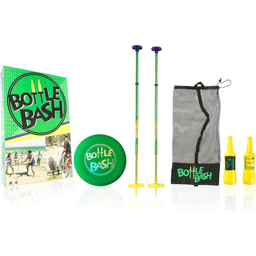 Bottle Bash Outdoor Flying Disc Game Set – Disc Toss Game for Family, Adult & Kids, Backyard and Beach Game - Frisbee Target Lawn Game with Poles & Bottles (Beersbee & Polish Horseshoes)