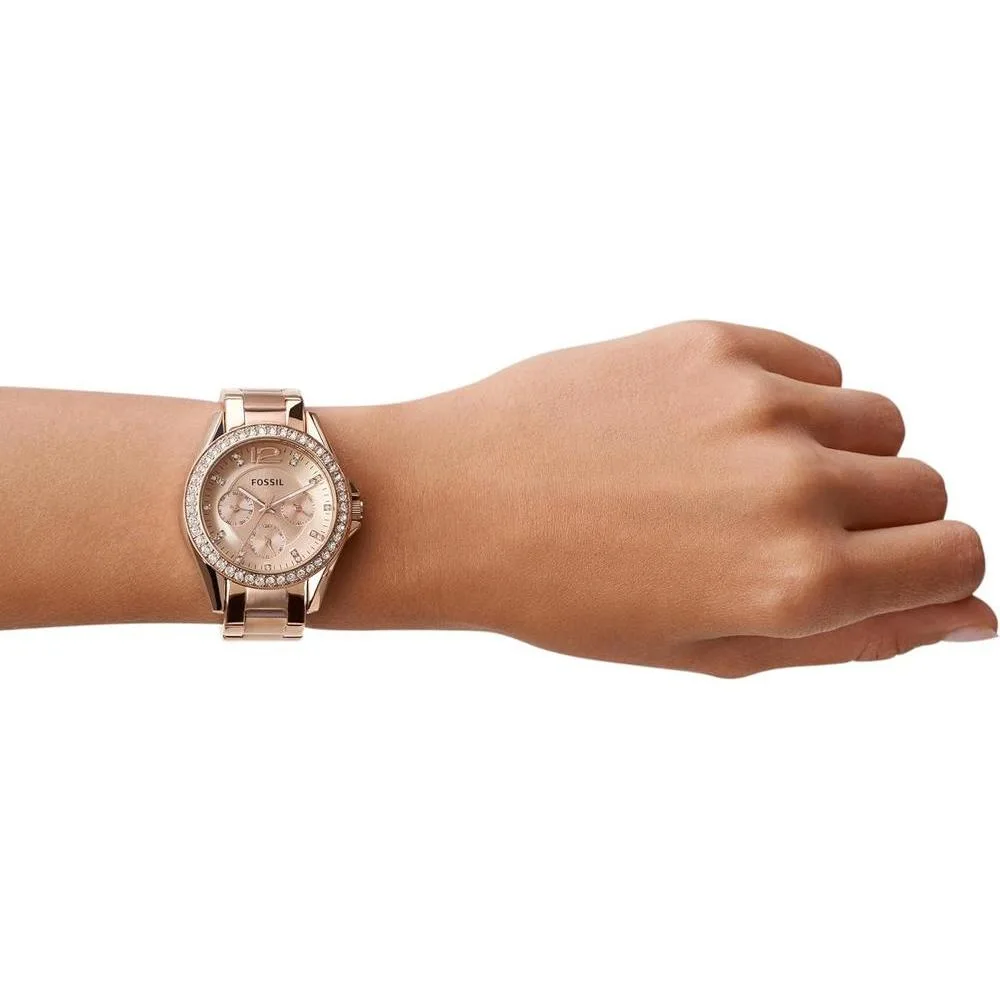 Reloj de pulsera multifuncional Fossil Riley para mujer, acero inoxidable, cronógrafo, resistente al agua, oro rosa