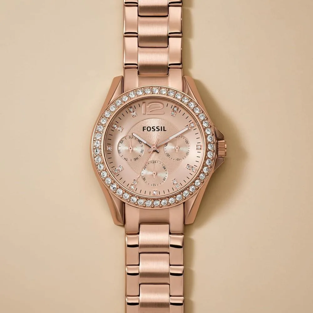 Reloj de pulsera multifuncional Fossil Riley para mujer, acero inoxidable, cronógrafo, resistente al agua, oro rosa