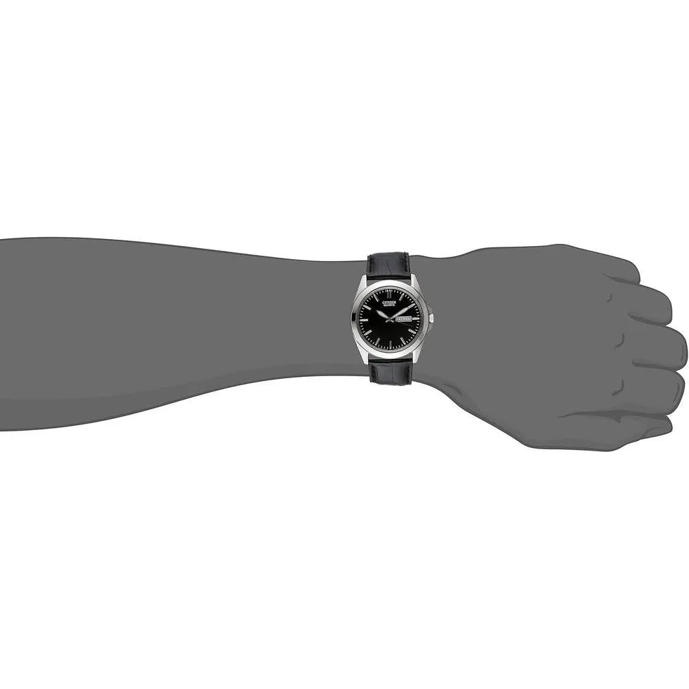 Citizen Reloj de cuarzo para hombre con caja de acero inoxidable y correa de piel, casual, negro