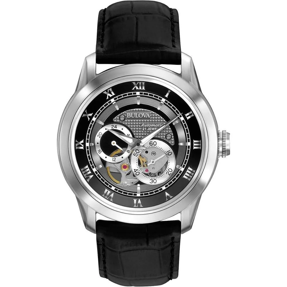 Bulova Men's Classic Sutton 4-Hand Automatic Watch, 24-Hour Sub Dial, Open Aperture, Self-Winding, Exhibition Caseback, Double Curved Mineral Crystal, Luminous Hands, 42mm