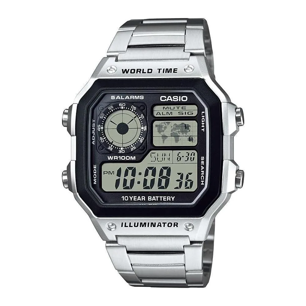 Casio AE1200WH Series | Men’s Digital Watch | 100M WR | Multi Alarms | 100 SEC Stopwatch | Countdown Timer | World Map for World Time | LED Light | LC Analog Display | 10 Year Battery