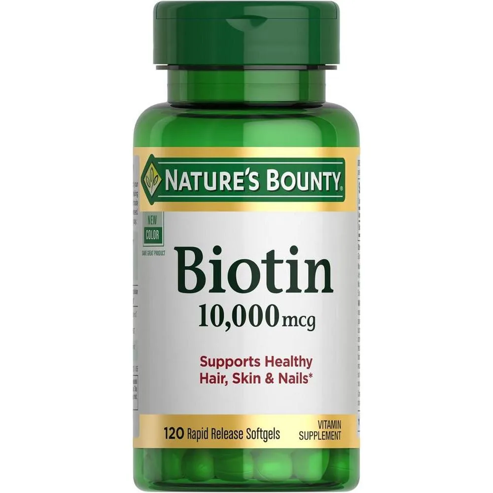 Nature's Bounty Biotin, Supports Healthy Hair, Skin and Nails, 10,000 mcg, Rapid Release Softgels, 120 Ct