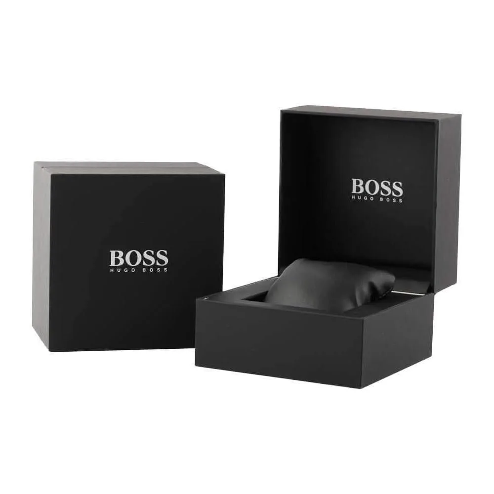 Reloj BOSS para hombre con esfera negra, movimiento de cuarzo y correa de acero inoxidable en color plateado
