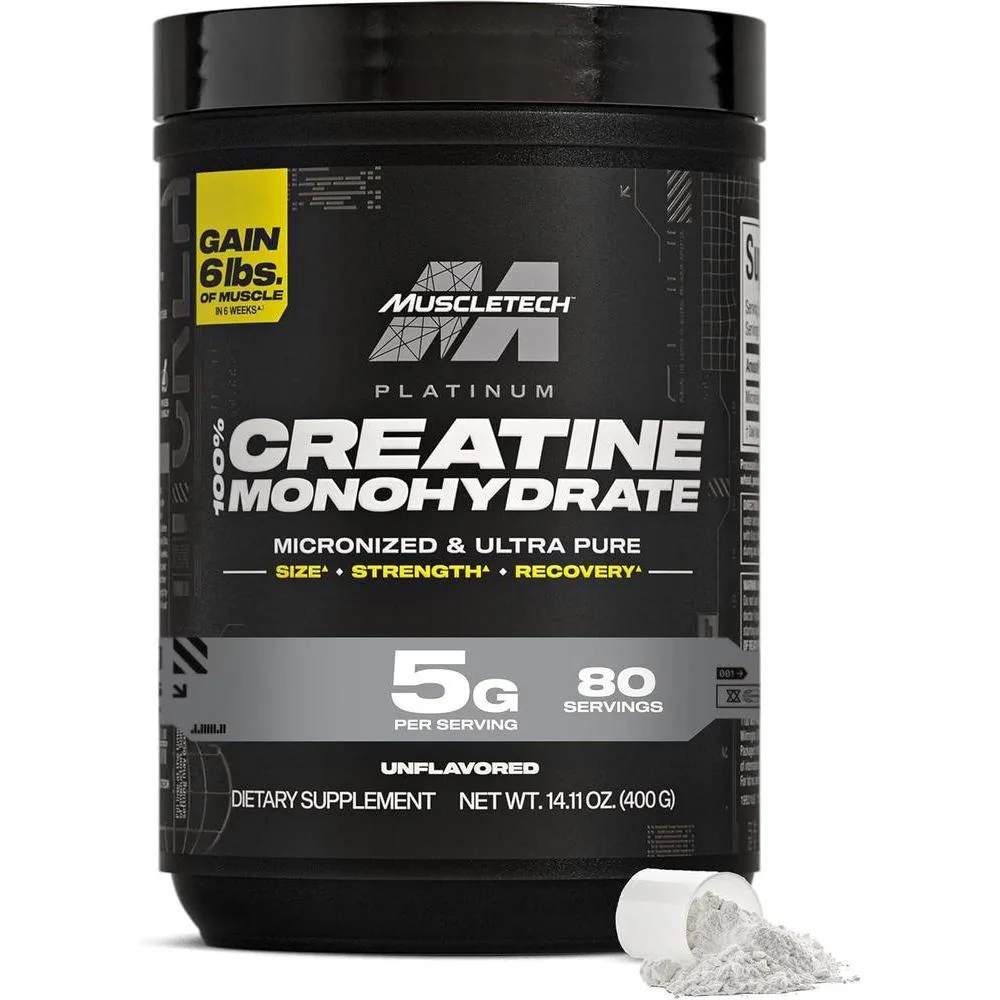 Creatine Monohydrate Powder MuscleTech Platinum Pure Micronized Muscle Recovery + Builder for Men & Women Workout Supplements Unflavored (80 Servings)