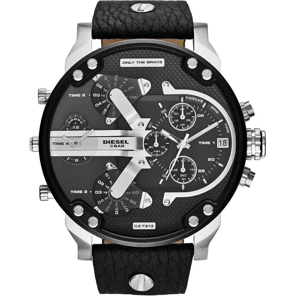 Diesel Mr. Daddy 2.0 Stainless Steel and Leather Chronograph Men's Watch, Color: Black/Silver (Model: DZ7313)