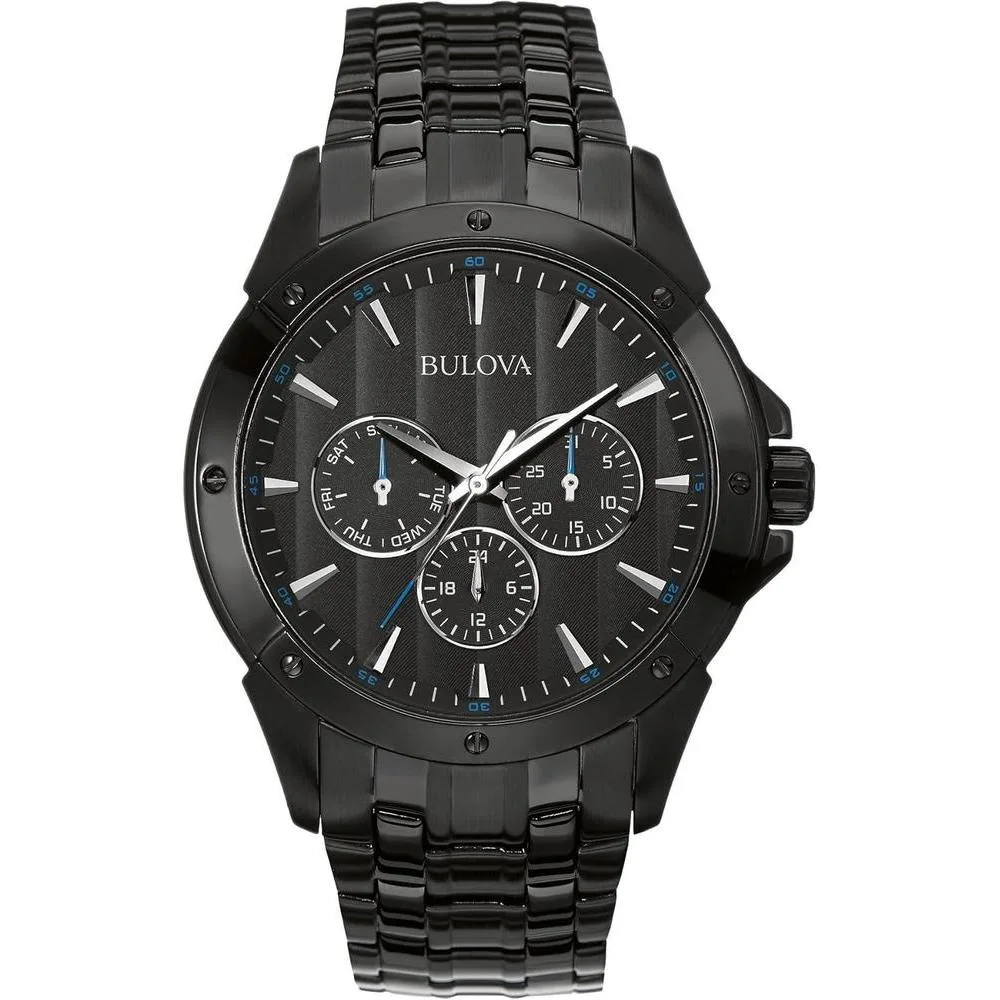 Bulova Men's Classic Dress 6-Hand Multi-Function Day/Date Quartz Watch, Black Patterned Dial, 43mm