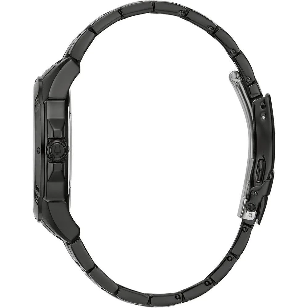 Bulova Reloj clásico de cuarzo para hombre, 6 manecillas, multifunción, día/fecha, esfera negra estampada
