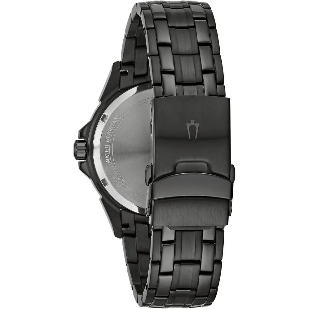 Bulova Reloj clásico de cuarzo para hombre, 6 manecillas, multifunción, día/fecha, esfera negra estampada