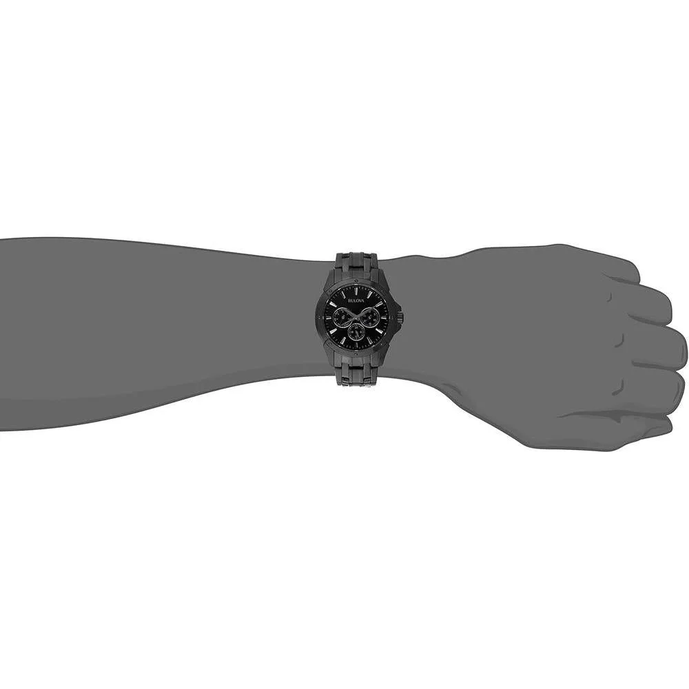 Bulova Reloj clásico de cuarzo para hombre, 6 manecillas, multifunción, día/fecha, esfera negra estampada