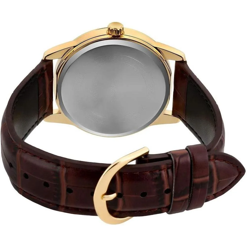 Casio Reloj de cuarzo de acero inoxidable para hombre, correa de cuero marrón, modelo EAW-MTP-V001GL-9B