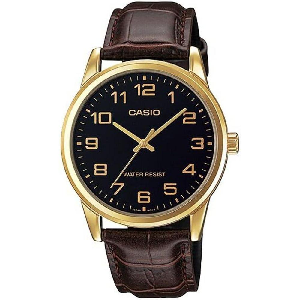 Casio MTP-V001GL-1B Men's Gold Tone Leather Band Easy Reader Black Dial Watch