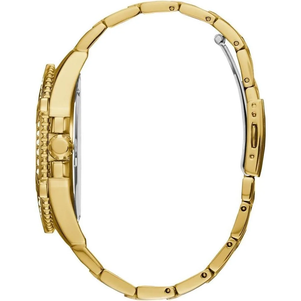 GUESS Reloj de pulsera dorado con adornos de cristal, acero inoxidable resistente, multifuncional, resistente a arañazos