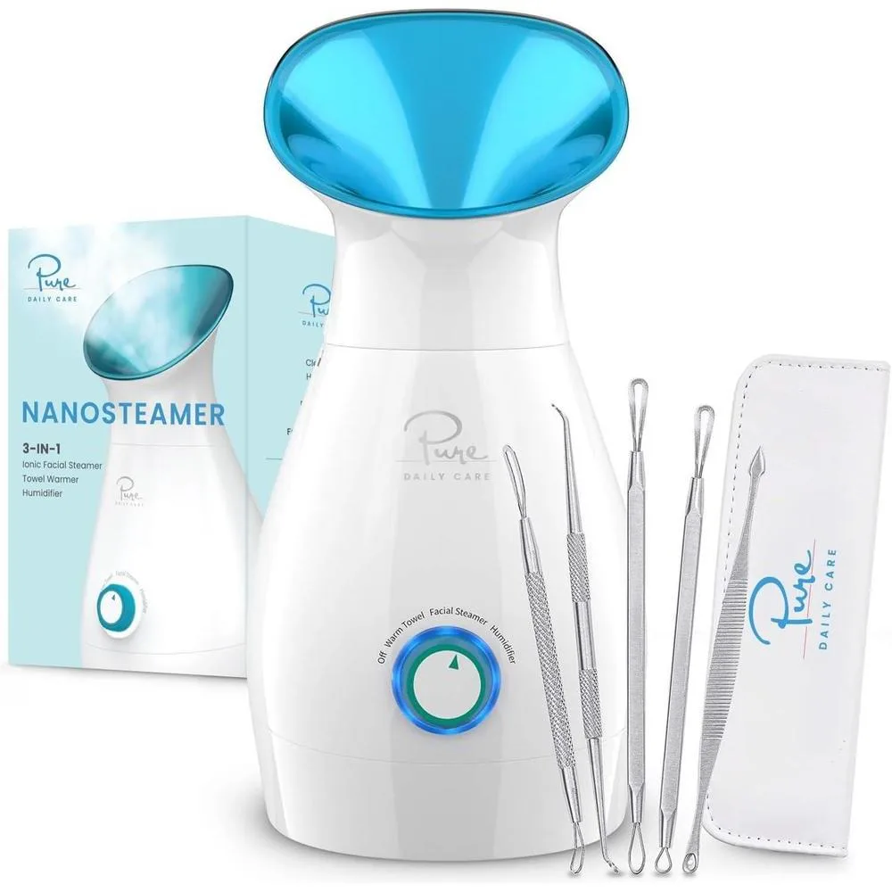 Pure Daily Care NanoSteamer Grande 3 en 1 Vaporizador Facial Nano Iónico con Control Preciso de Temperatura - Humidificador - Desobstruye los Poros - Puntos Negros - Calidad de Spa - Kit Adicional de