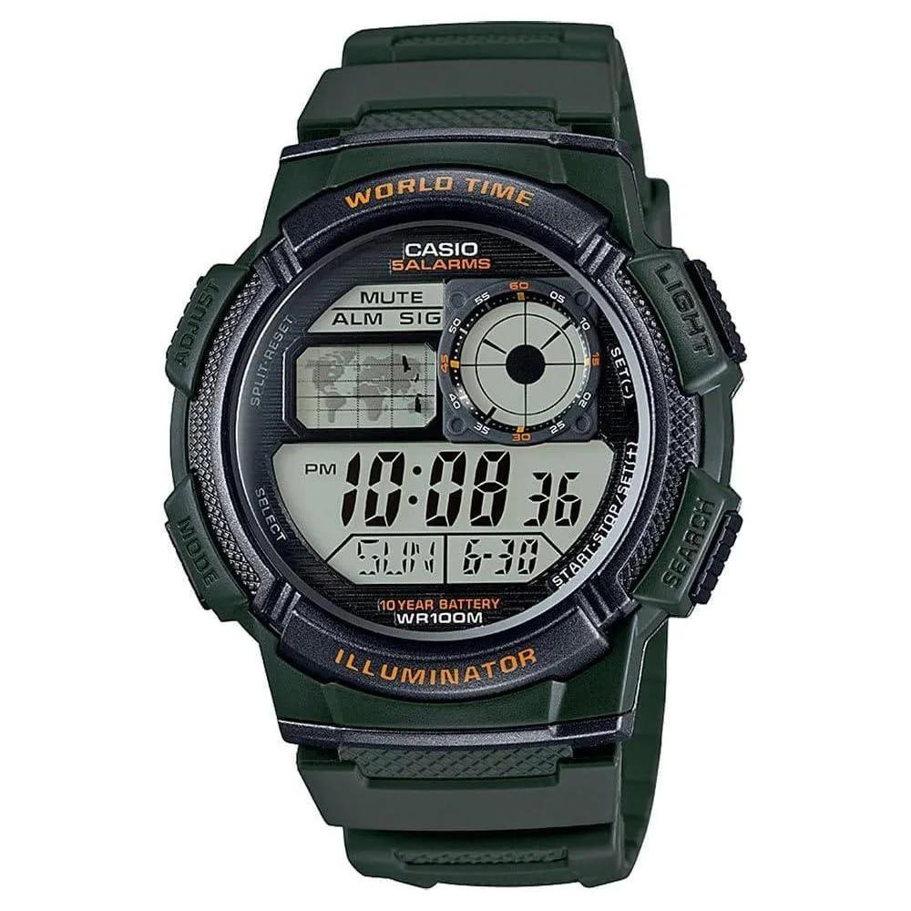 Casio AE1000W Series | Men’s Digital Watch | 100M WR | Multi Alarms | 100 SEC Stopwatch | Countdown Timer | World Map for World Time | LED Light | LC Analog Display | 10 Year Battery