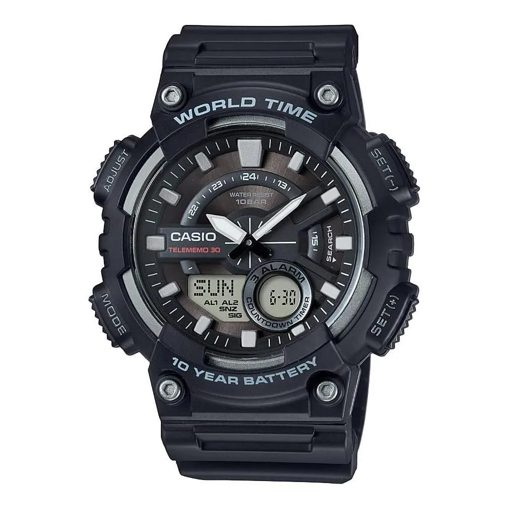 Casio AEQ110BW Series | Men’s Analog-Digital Watch |100M WR | Multi Alarms | 100 SEC Stopwatch | Countdown Timer | World Map for World Time | LED Light | LC Display | 10 Year Battery