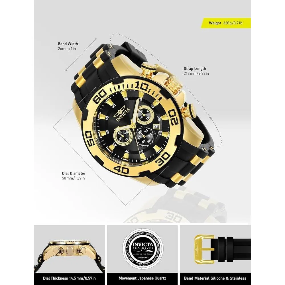 Reloj Invicta Pro Diver cronógrafo de cuarzo negro con pantalla analógica, diseño intrincado y subdiales precisos para hombre