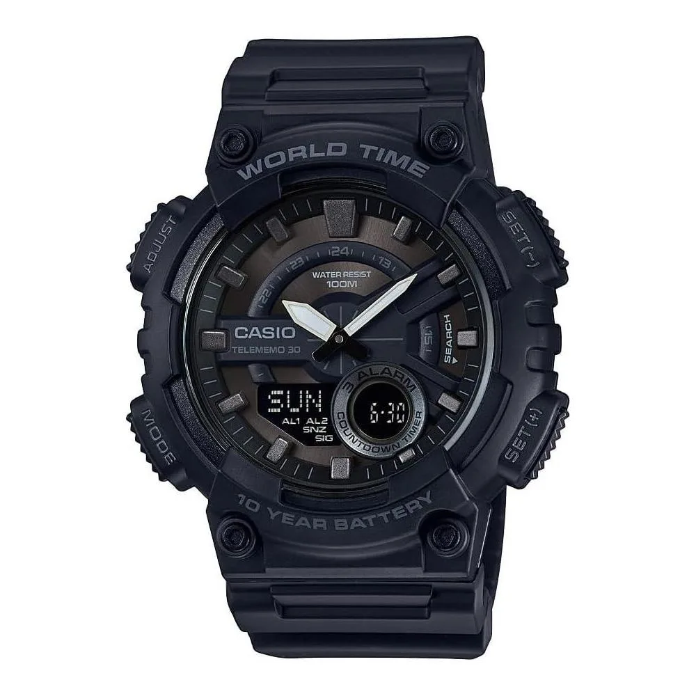 Casio AEQ110BW Series | Men’s Analog-Digital Watch |100M WR | Multi Alarms | 100 SEC Stopwatch | Countdown Timer | World Map for World Time | LED Light | LC Display | 10 Year Battery