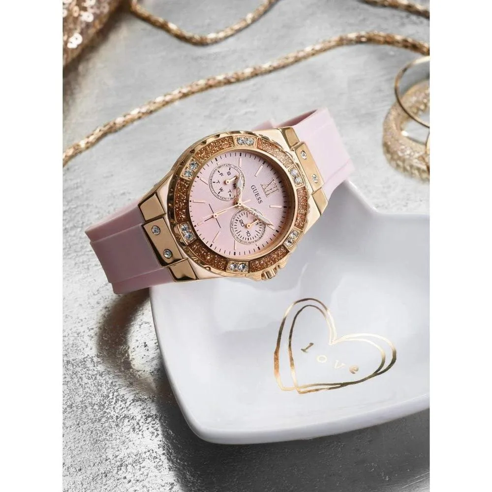 Reloj GUESS de silicona rosa para mujer, resistente al agua, acero inoxidable, cronógrafo y función día-fecha
