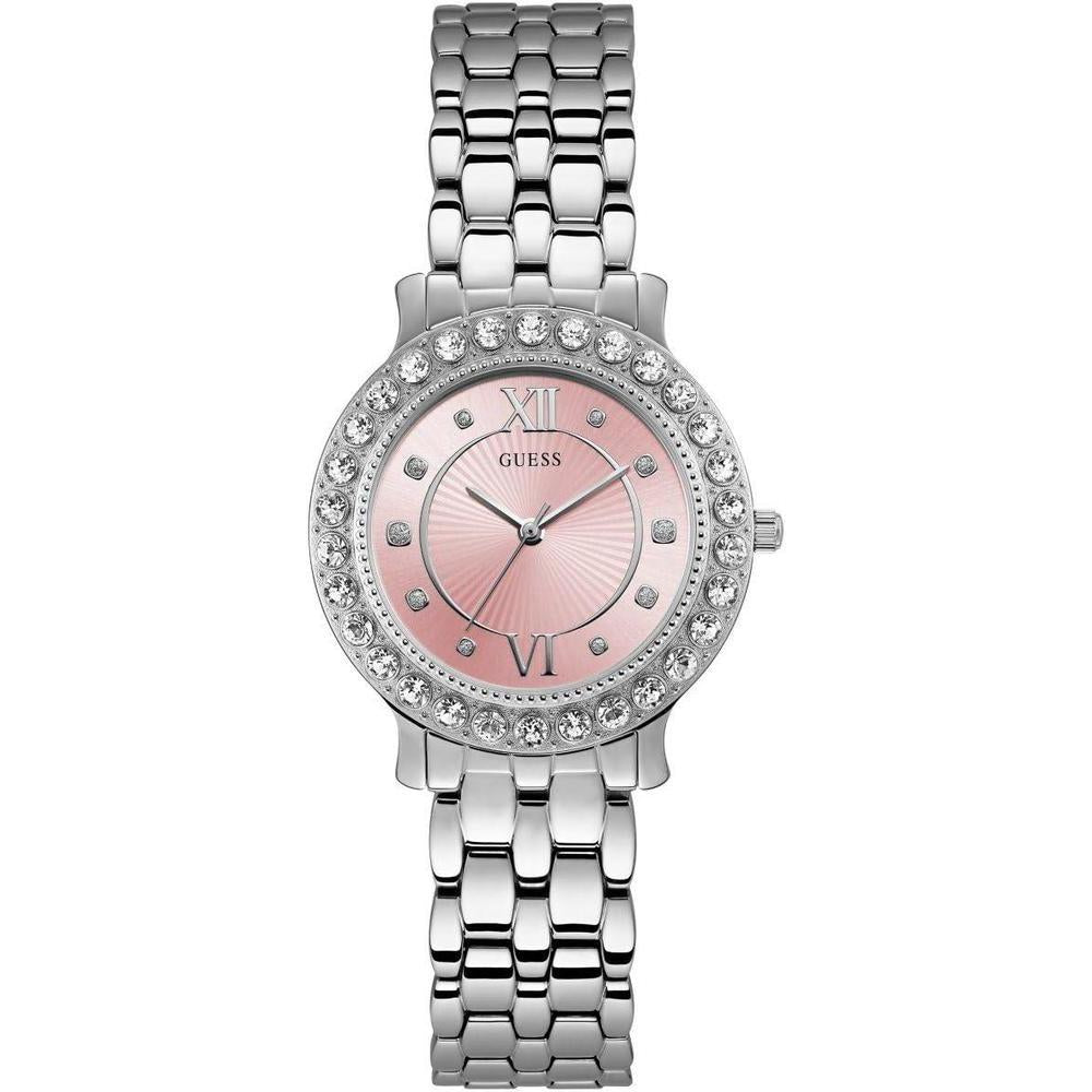 GUESS Stainless Steel + Pink Crystal Bracelet Watch. Color: Silver-Tone (Model: U1062L2)