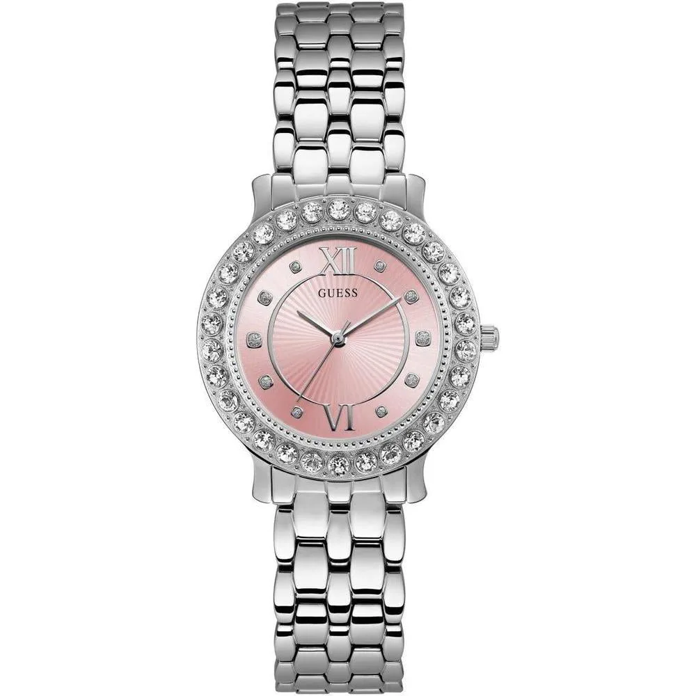 GUESS Stainless Steel + Pink Crystal Bracelet Watch. Color: Silver-Tone (Model: U1062L2)