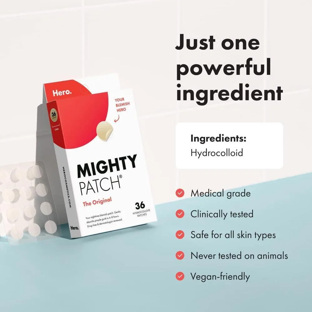 Parche hidrocoloide Mighty Patch de Hero Cosmetics para acné, cubre imperfecciones, vegano y cruelty-free