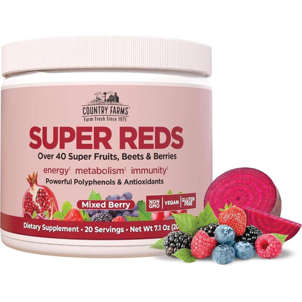 COUNTRY FARMS Super Reds, Energizing Polyphenol Superfood, 48 Super Fruits and Berries, Powerful Antioxidants and Polyphenols, Supports Energy, 20 Servings, Mixed Berry Flavor