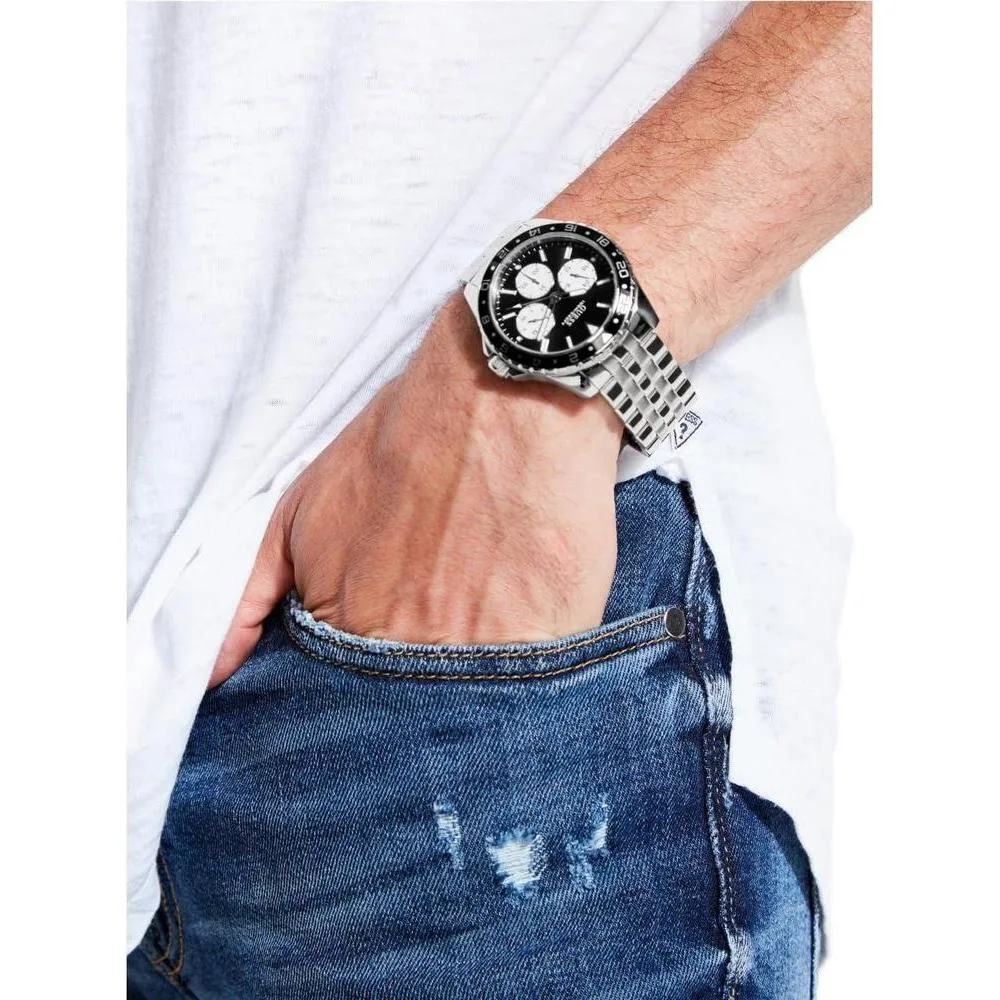 Reloj analógico GUESS para hombre con correa de acero, esfera negra y funciones de cronógrafo internacional
