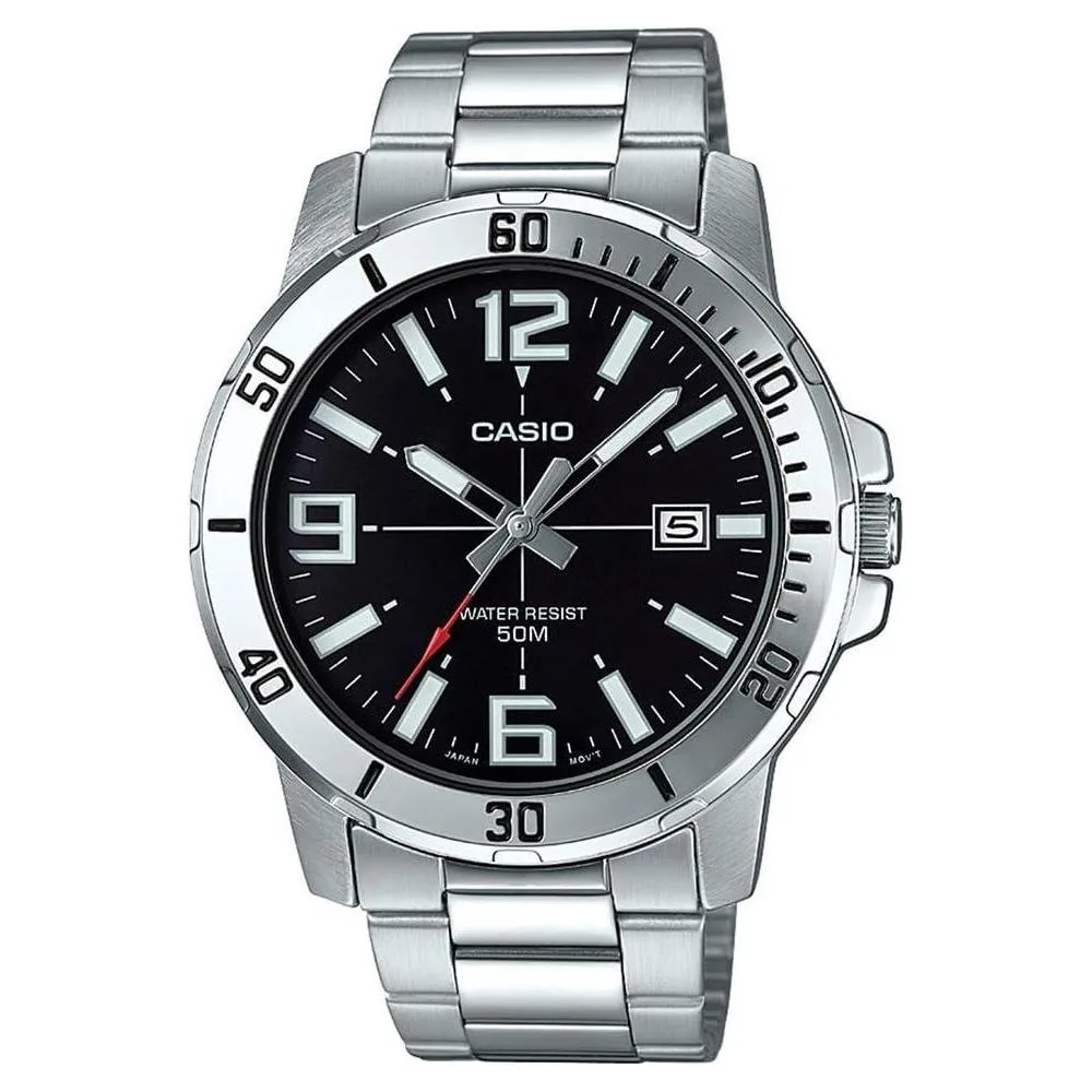 Casio MTP-VD01D-1BV Men's Enticer Stainless Steel Black Dial Casual Analog Sporty Watch, Silver, 48×42×10.7mm, Quartz Movement