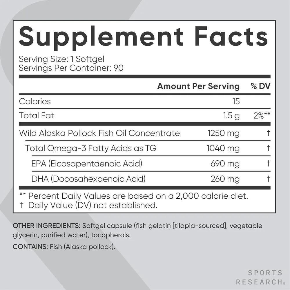 Omega-3 Aceite de Pescado Suplemento Triple Fuerza de Pollock de Alaska Libre de GMO y Soja 90 Cápsulas