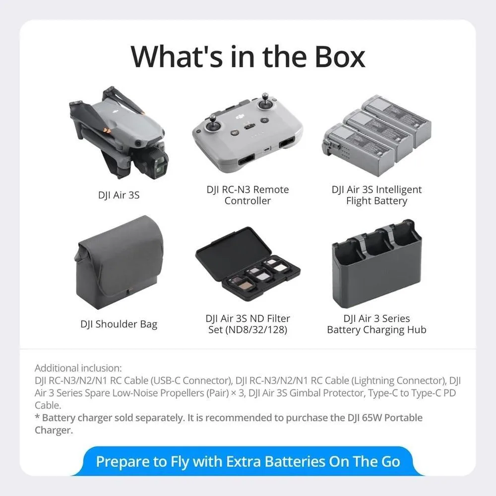 DJI Air 3S Combo Fly More con RC-N3 y cámara CMOS, video HDR 4K, detección de obstáculos y tres baterías incluidas