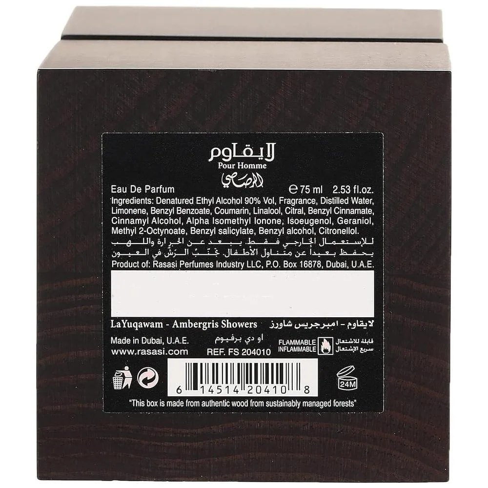 RASASI La Yuqawam Ambergris Showers Eau De Parfum Men, perfume árabe para hombre con cuero y galbanum