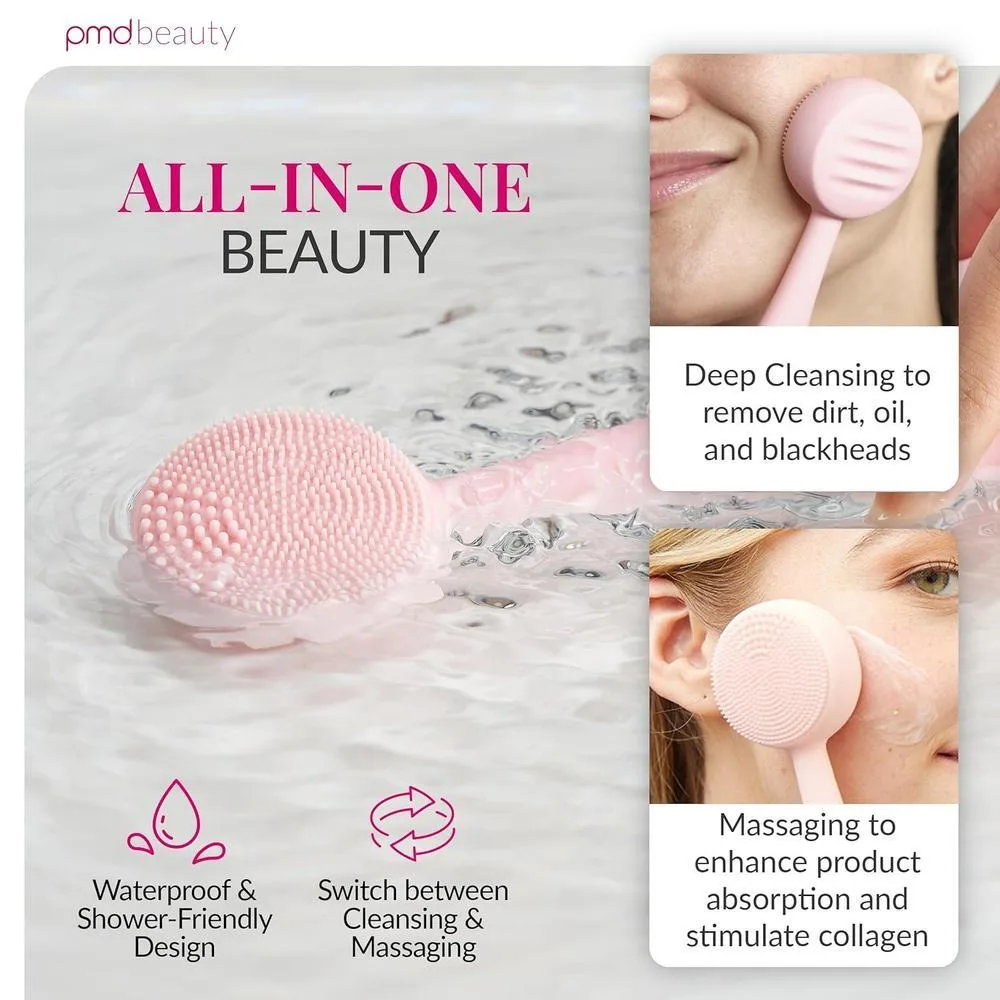 Dispositivo de limpieza facial PMD Clean con cepillo de silicona y masajeador antienvejecimiento, impermeable y a batería