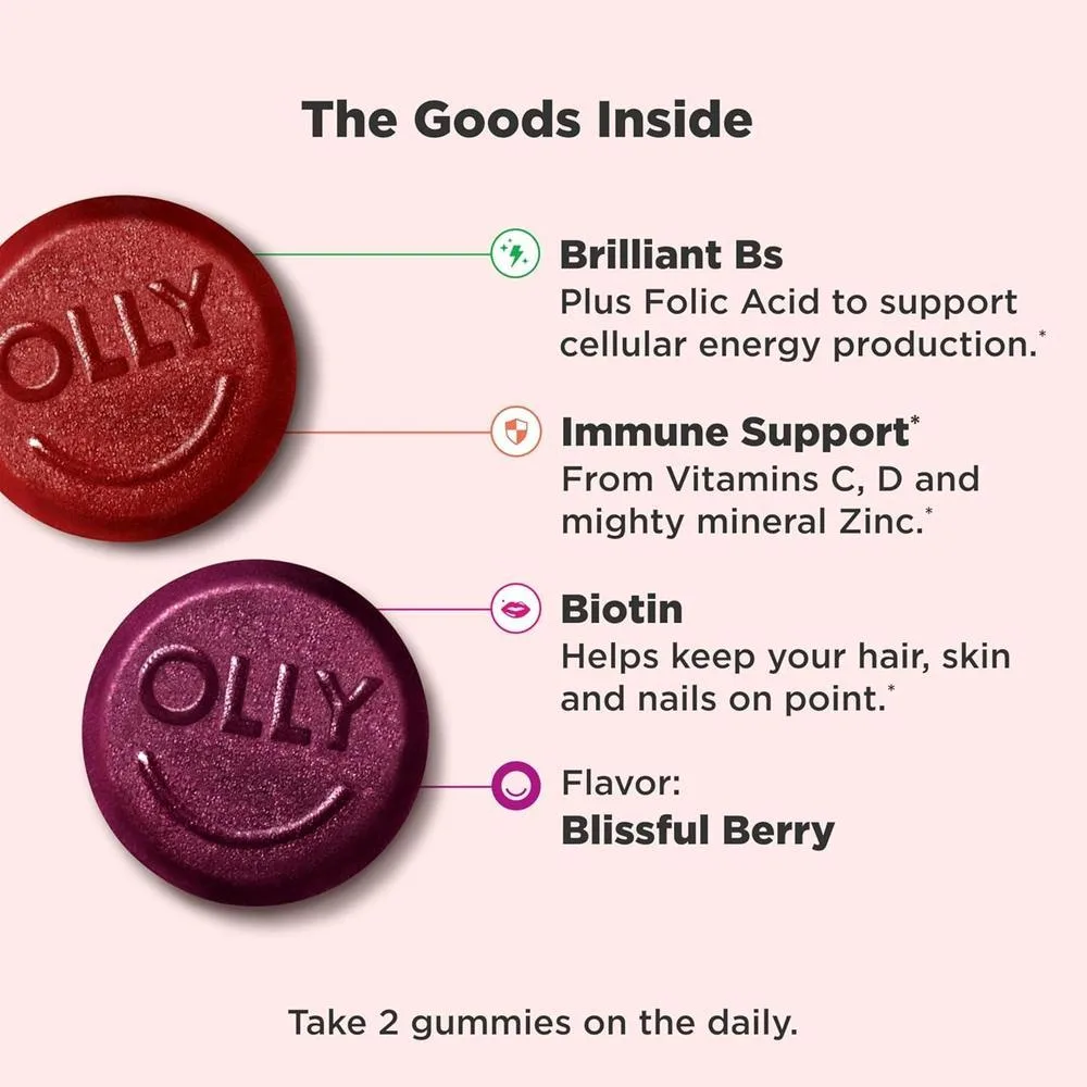 OLLY Multivitaminas para Mujeres, Gummy con Vitaminas A, D, C, E, Biotina, Ácido Fólico, Sabor Berries, 65 Días