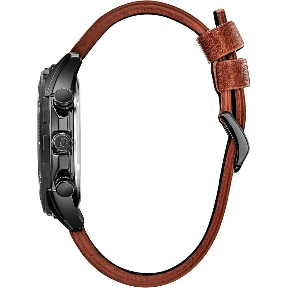 Reloj cronógrafo Citizen Eco-Drive para hombre, acero inoxidable IP negro, correa de cuero marrón, esfera negra
