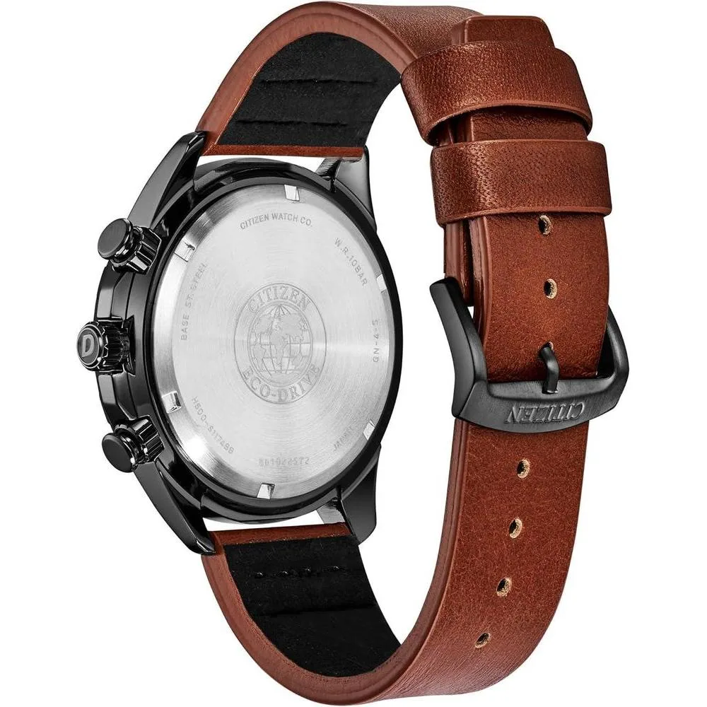 Reloj cronógrafo Citizen Eco-Drive para hombre, acero inoxidable IP negro, correa de cuero marrón, esfera negra