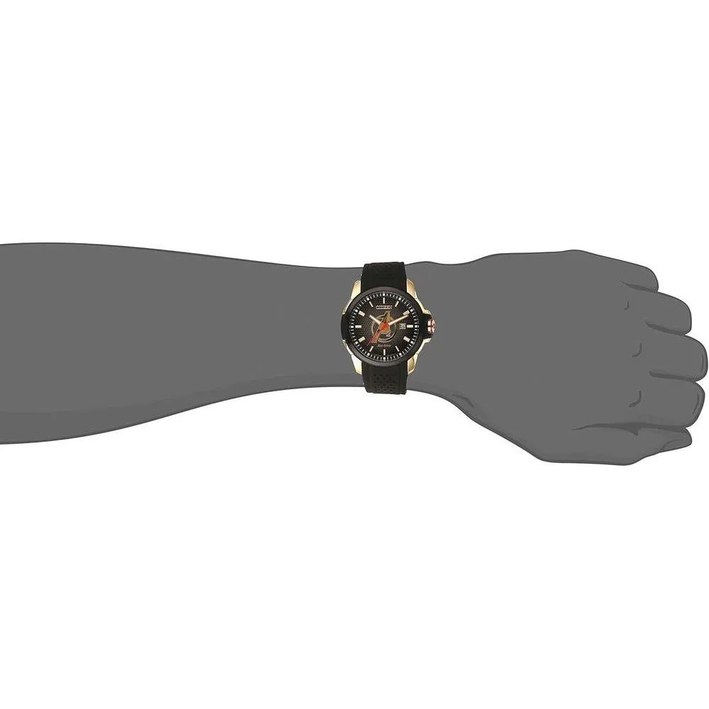 Citizen Reloj Eco-Drive Marvel Avengers para hombre, tono dorado con correa de silicona negra y ventana de calendario