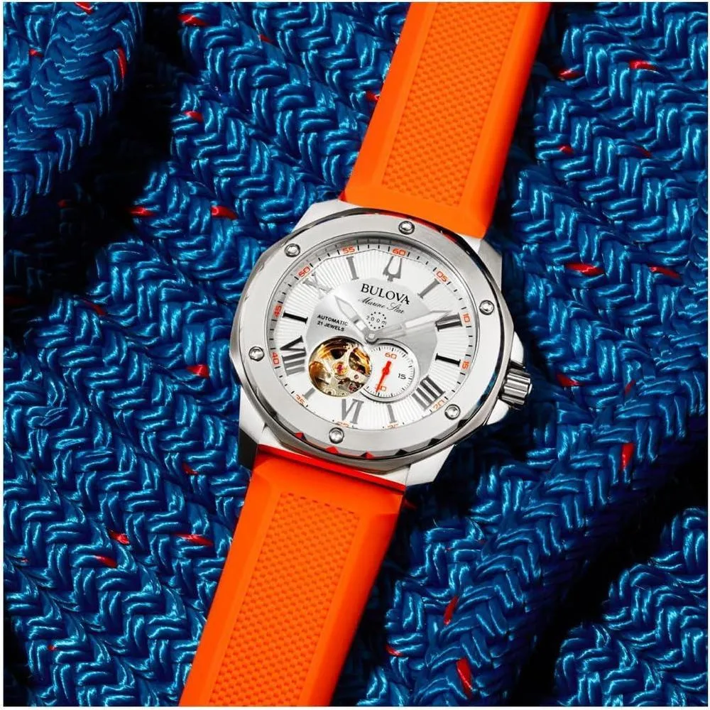 Bulova Marine Star 'Series A' Reloj automático para hombre con correa naranja de silicona, estilo moderno y resistente al agua