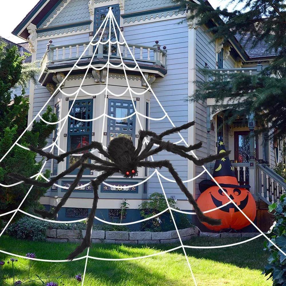 200" Halloween Spider Web + 59" Giant Spider Decorations Fake Spiders with Triangular Huge Spiders Web for Indoor Outdoor Halloween Decorations Yard Home Costumes Parties Haunted House Décor