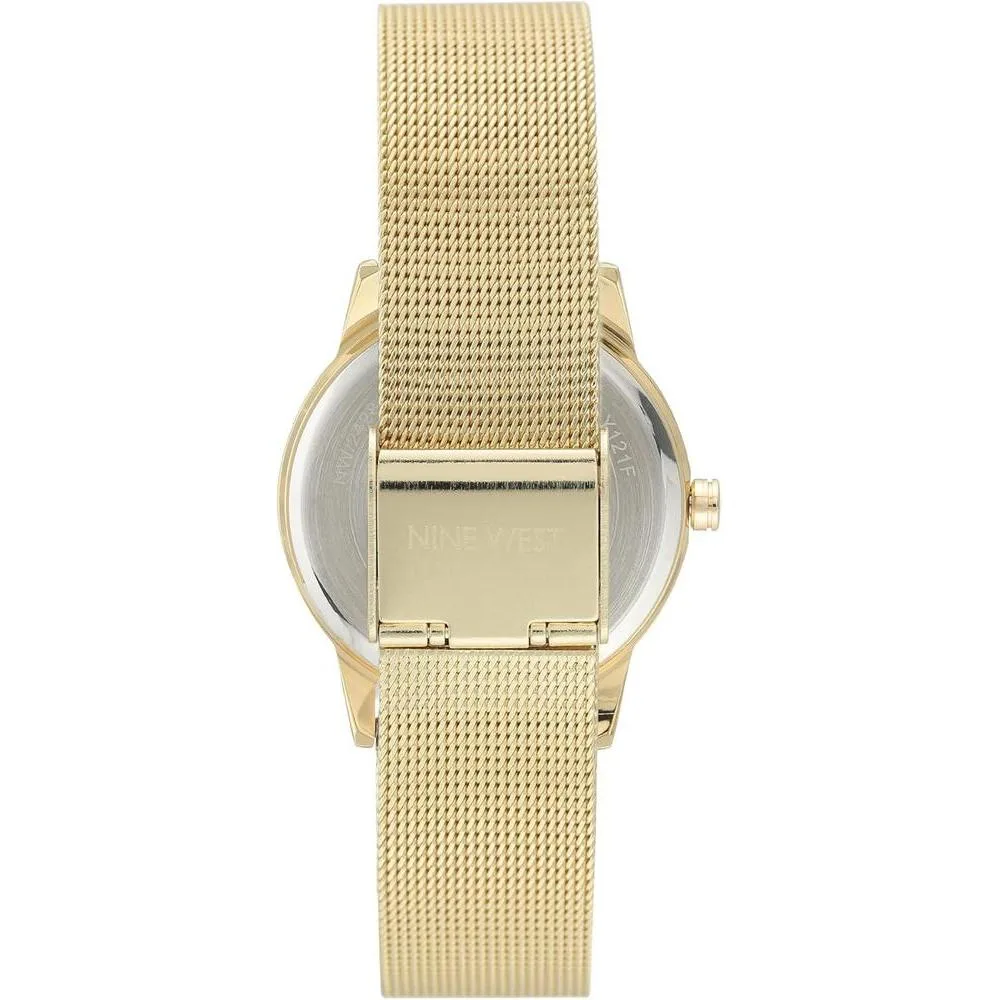 Reloj de pulsera para mujer Nine West en dorado con acero inoxidable, cristal resistente y diseño floral elegante