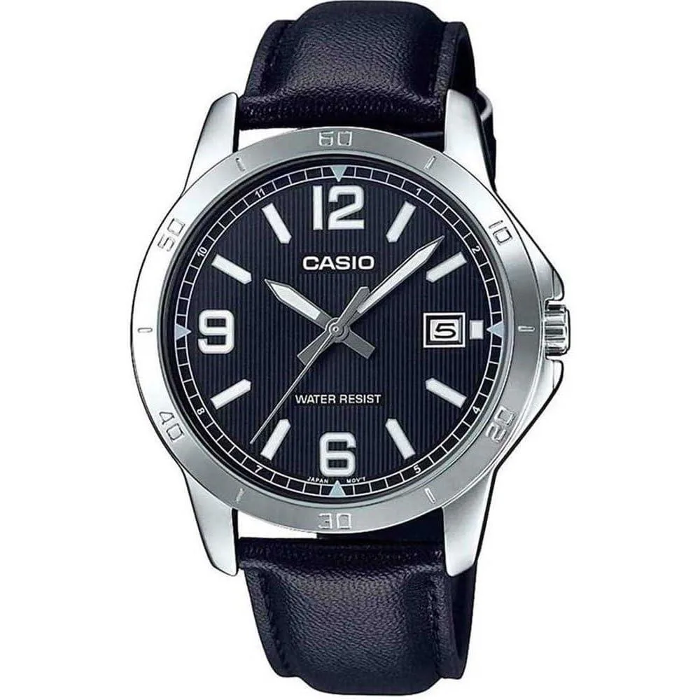 Casio MTP-V004L-1B Men's Stainless Steel Black Leather Band Black Dial Date Watch