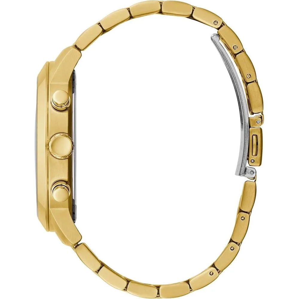 Reloj de pulsera multifunción GUESS para hombre, acero inoxidable dorado con detalles negros, pantalla analógica y calendario